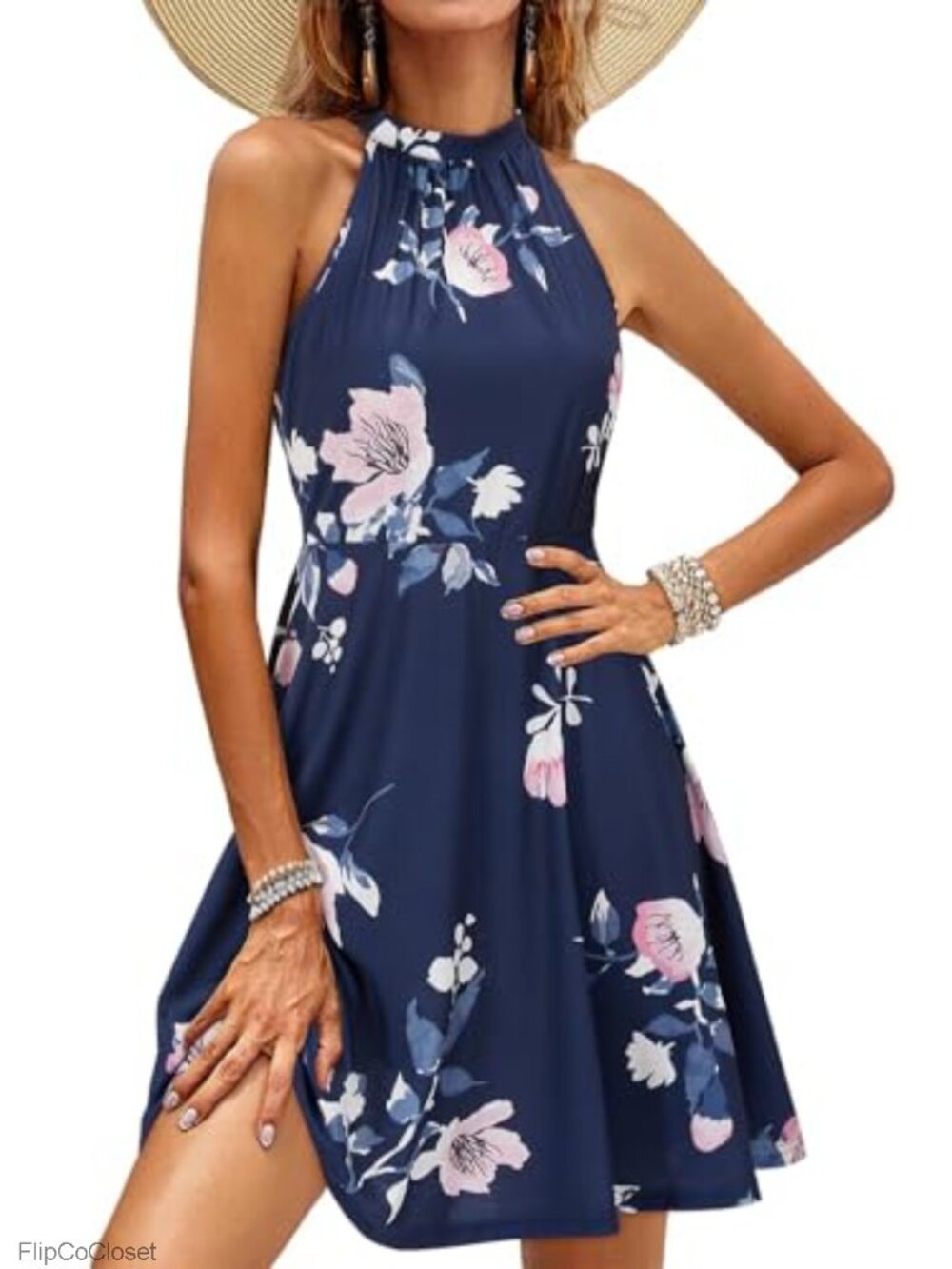 Women's Halter Neck Floral Fit and Flare Sundress Sleeveless A-Line Summer